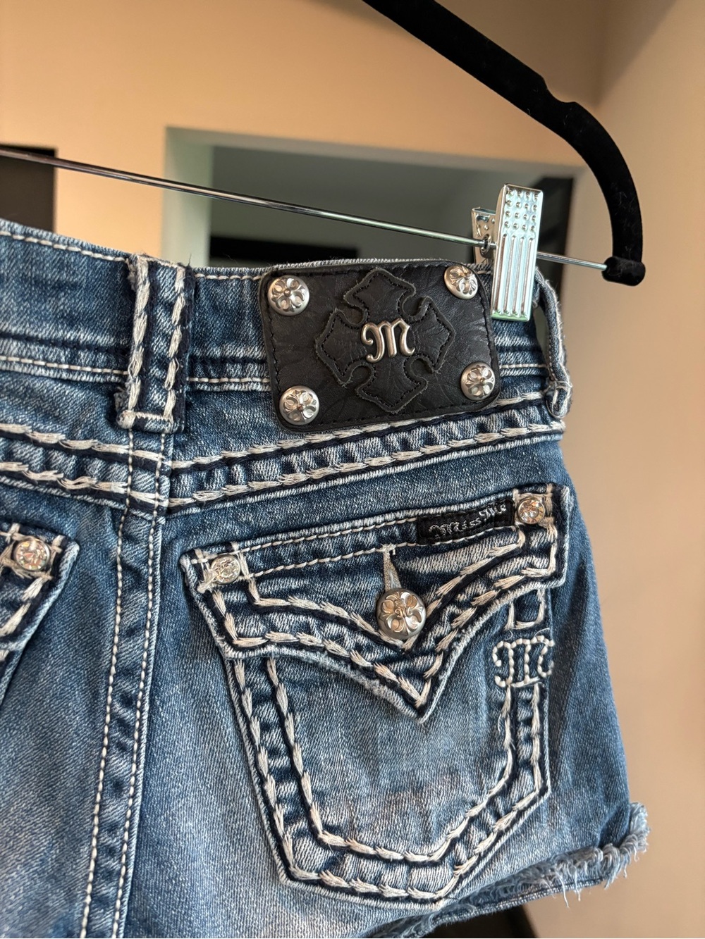 Miss Me Blue Distressed Embroidered Denim Cutoff Shorts - Picture 5 of 5